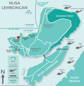 Map of Lembongan, luxury villas, private villas, bali villas, lembongan accommodation, bali resorts, lembongan resorts, hai tide, batu karang, resorts bali, transfers to lembongan, transfers from Bali