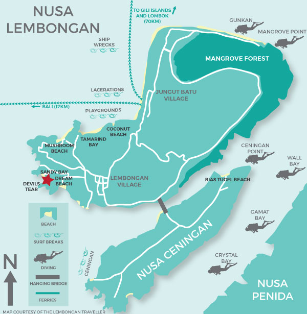 Map of Lembongan, luxury villas, private villas, bali villas, lembongan accommodation, bali resorts, lembongan resorts, hai tide, batu karang, resorts bali, transfers to lembongan, transfers from Bali